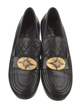 Chanel Black Quilted Leather CC Logo Loafers